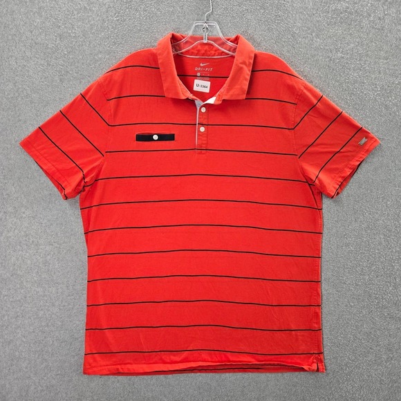 Nike Men Polo Shirt XL Orange Striped Dri Fit Golf Short Sleeve Collar Pullover - Picture 1 of 11